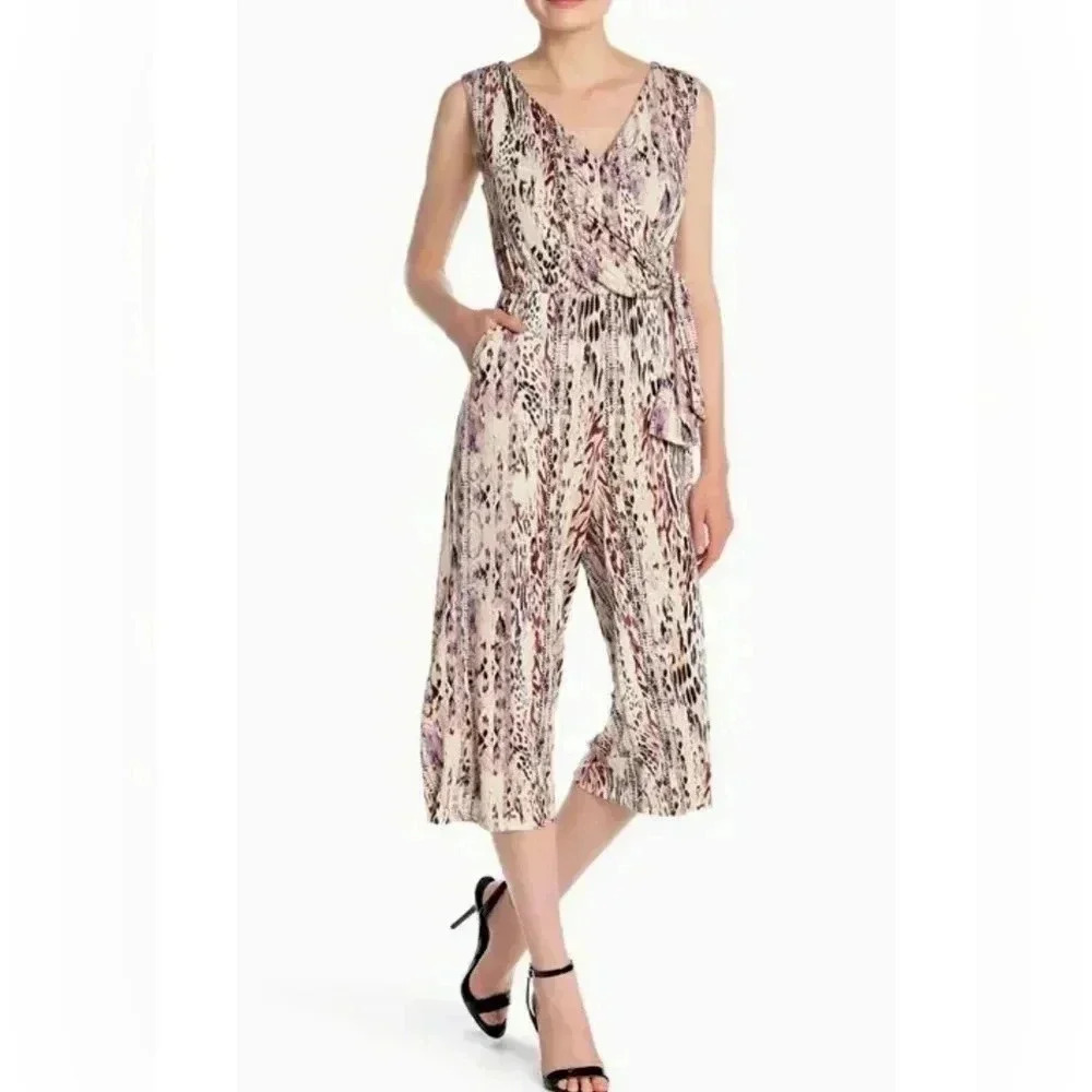 T Tahari Snakeskin Print Sleeveless Wrap Jumpsuit Stretch Rayon Sz S $158